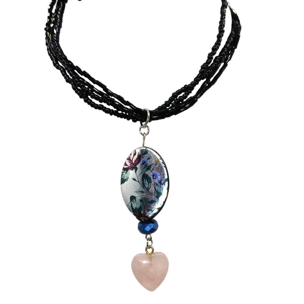 Vintage Hand Beaded Hearts and Flowers Drop Pendant on Multi Strand Black